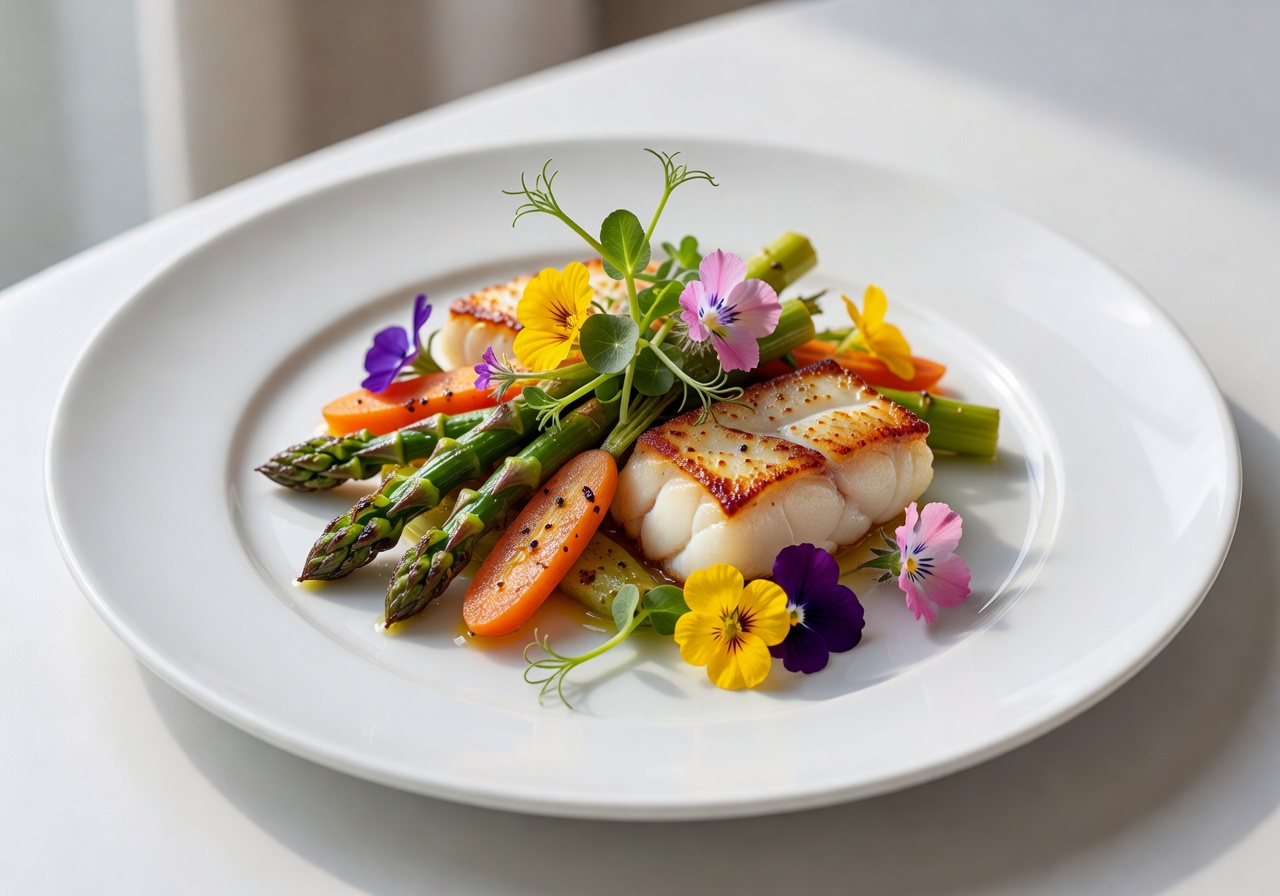 Elegantly plated European cuisine with fresh herbs and edible flowers on white porcelain