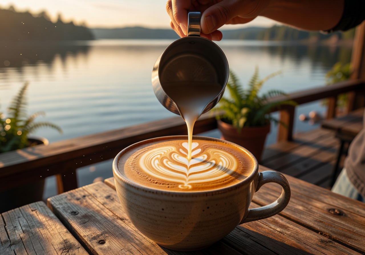 Artisan latte art being poured in a ceramic cup with golden morning light at a lakeside café