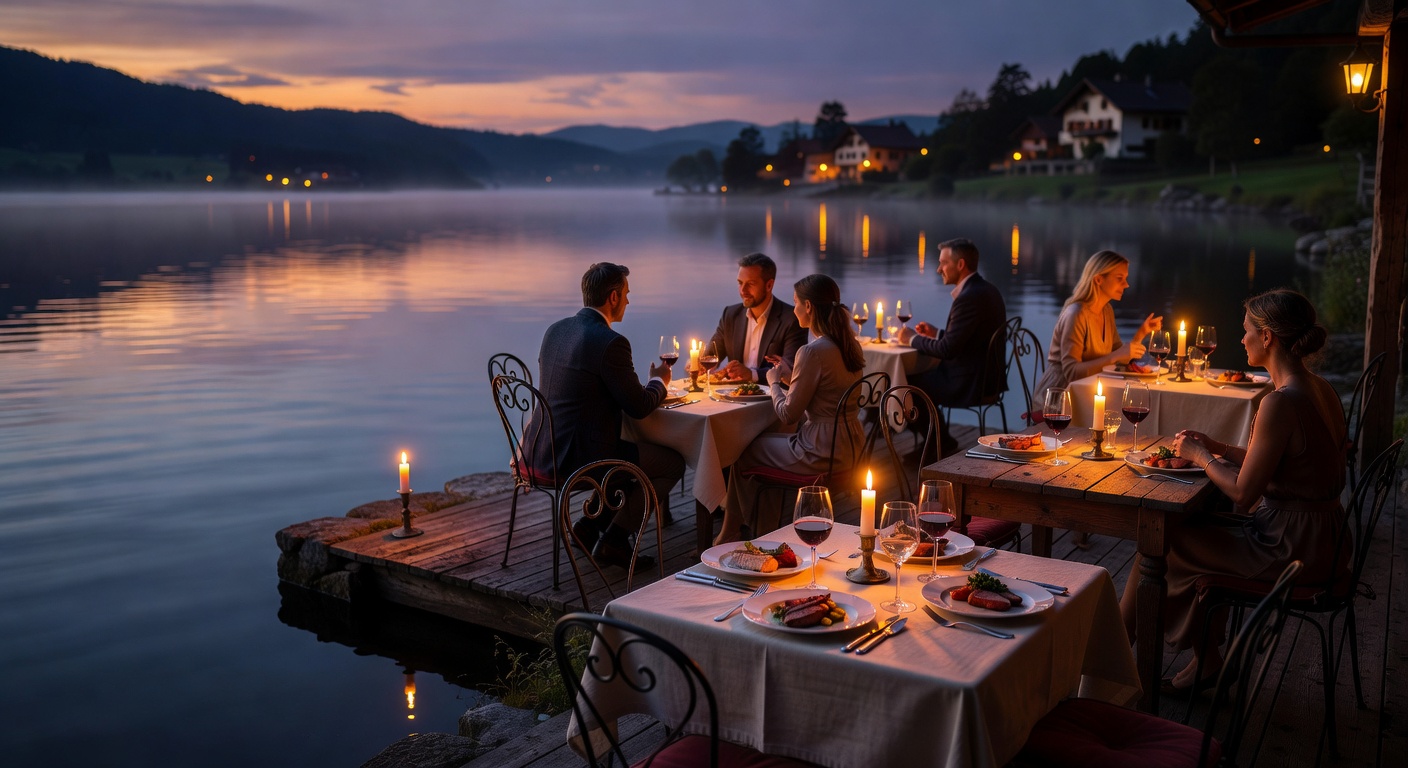 Atmospheric European dining experience with candlelight reflecting on lake water at dusk