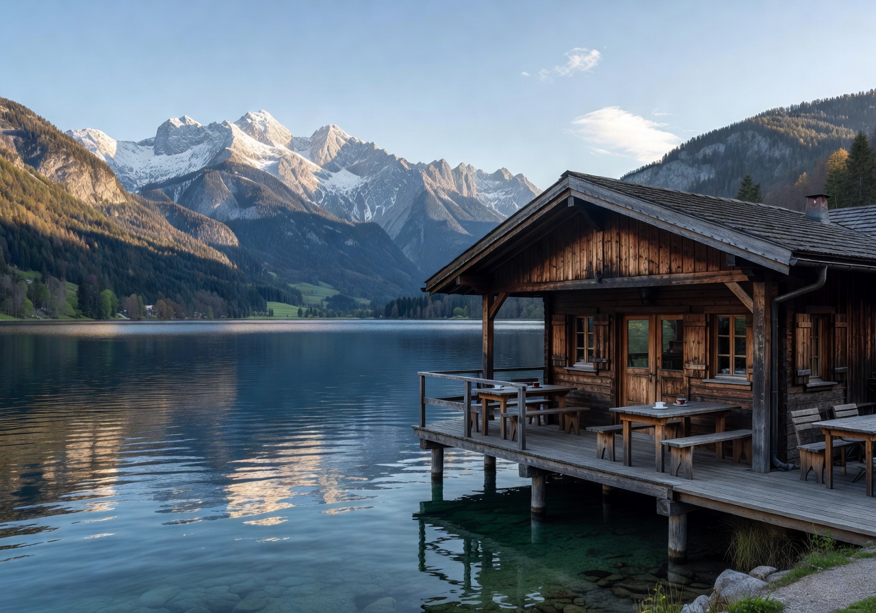 Bootshaus Tegernsee wooden boathouse café with alpine lake and mountain panorama in Bavaria