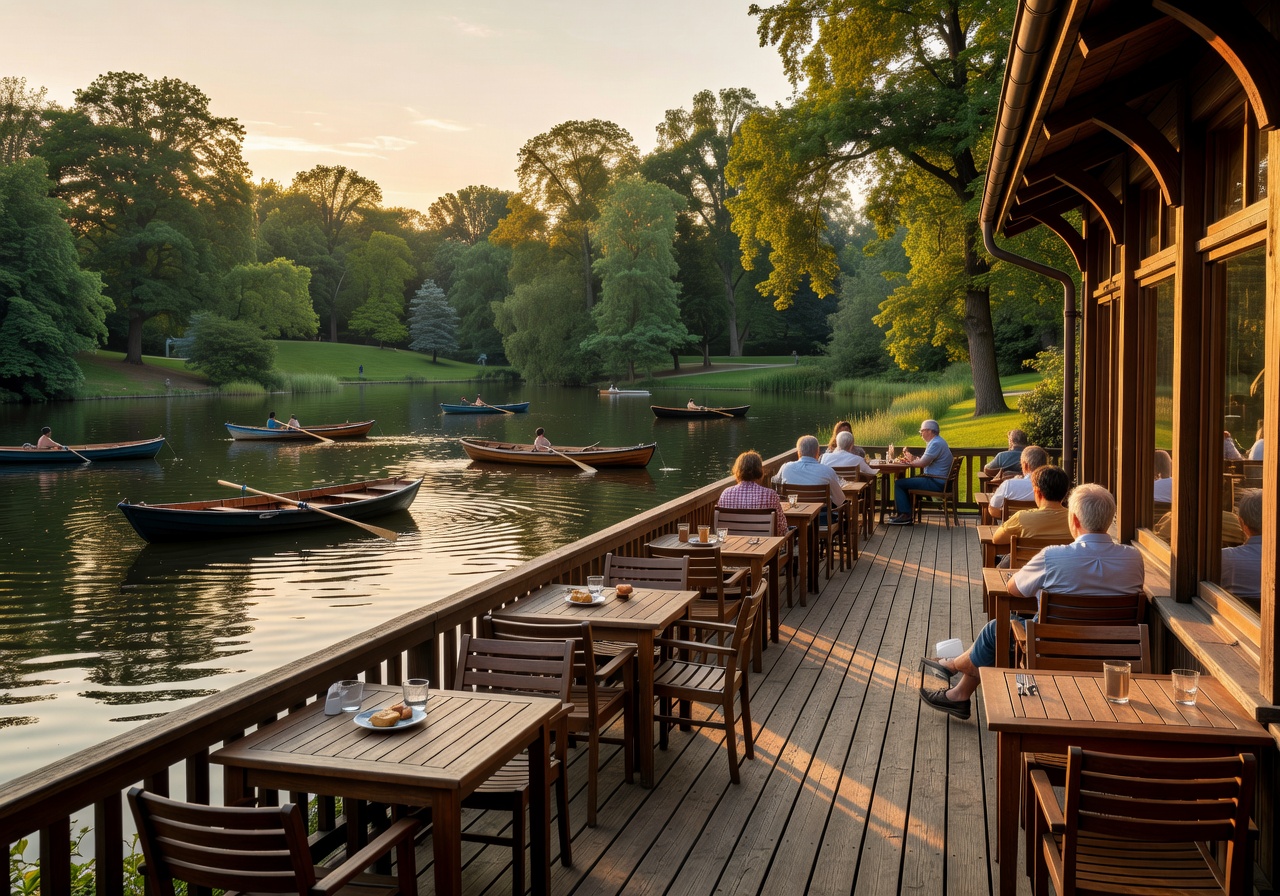 Café am Neuen See terrace with lake views, rowing boats, and warm evening lighting in Berlin Tiergarten
