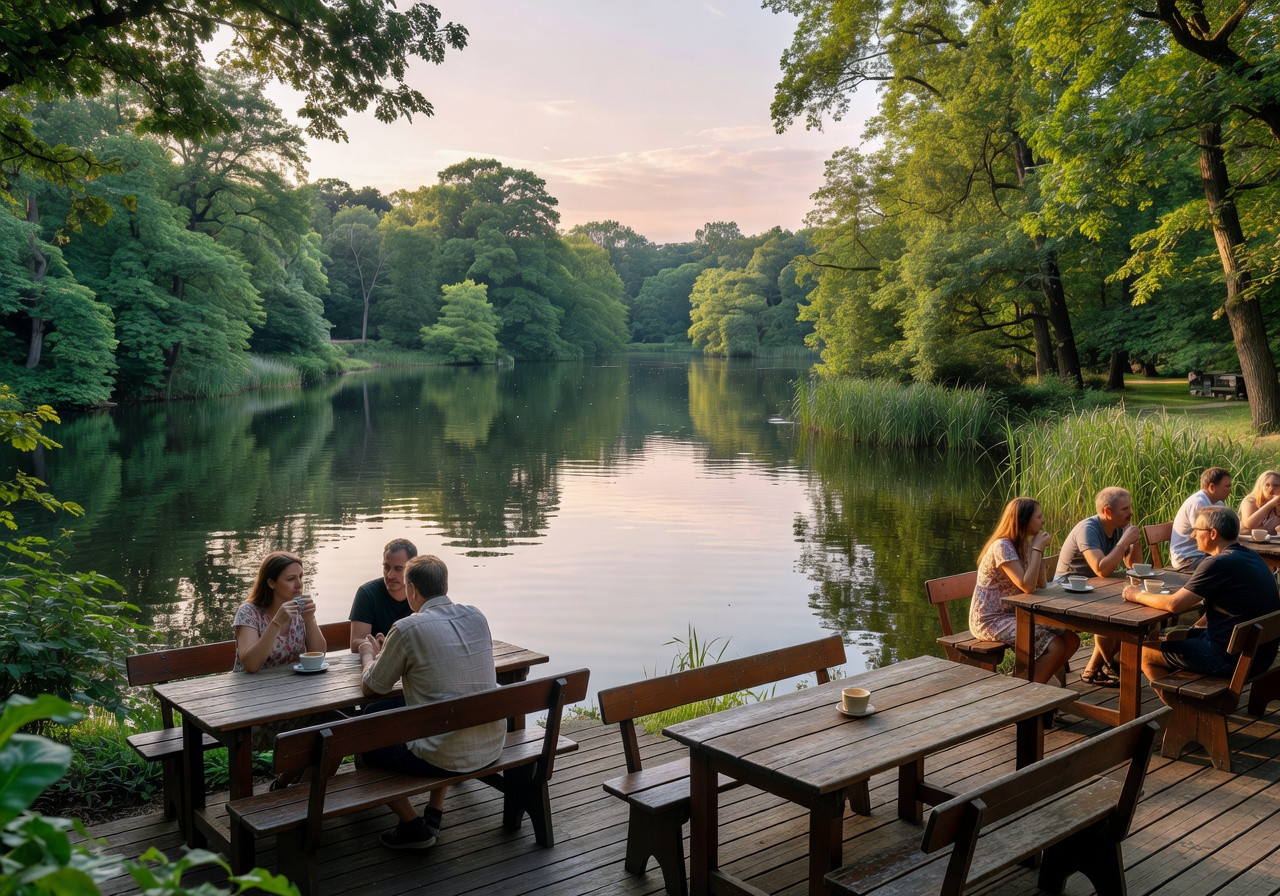 Café am Neuen See with outdoor terrace overlooking tranquil lake surrounded by lush greenery in Berlin