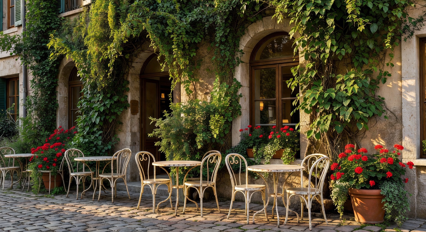 Charming European café exterior with climbing ivy, bistro furniture, and warm afternoon sunlight