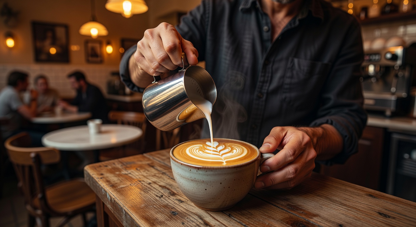 Close-up of artisan latte art being crafted with warm European café ambiance in the background