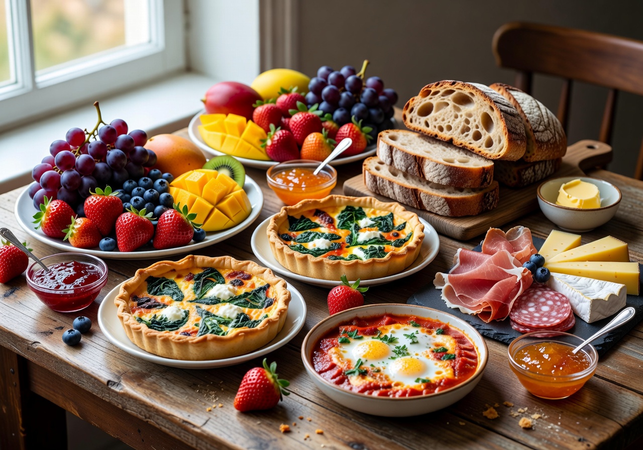 Colorful European brunch spread with fresh fruits, artisan bread, and gourmet dishes in natural light