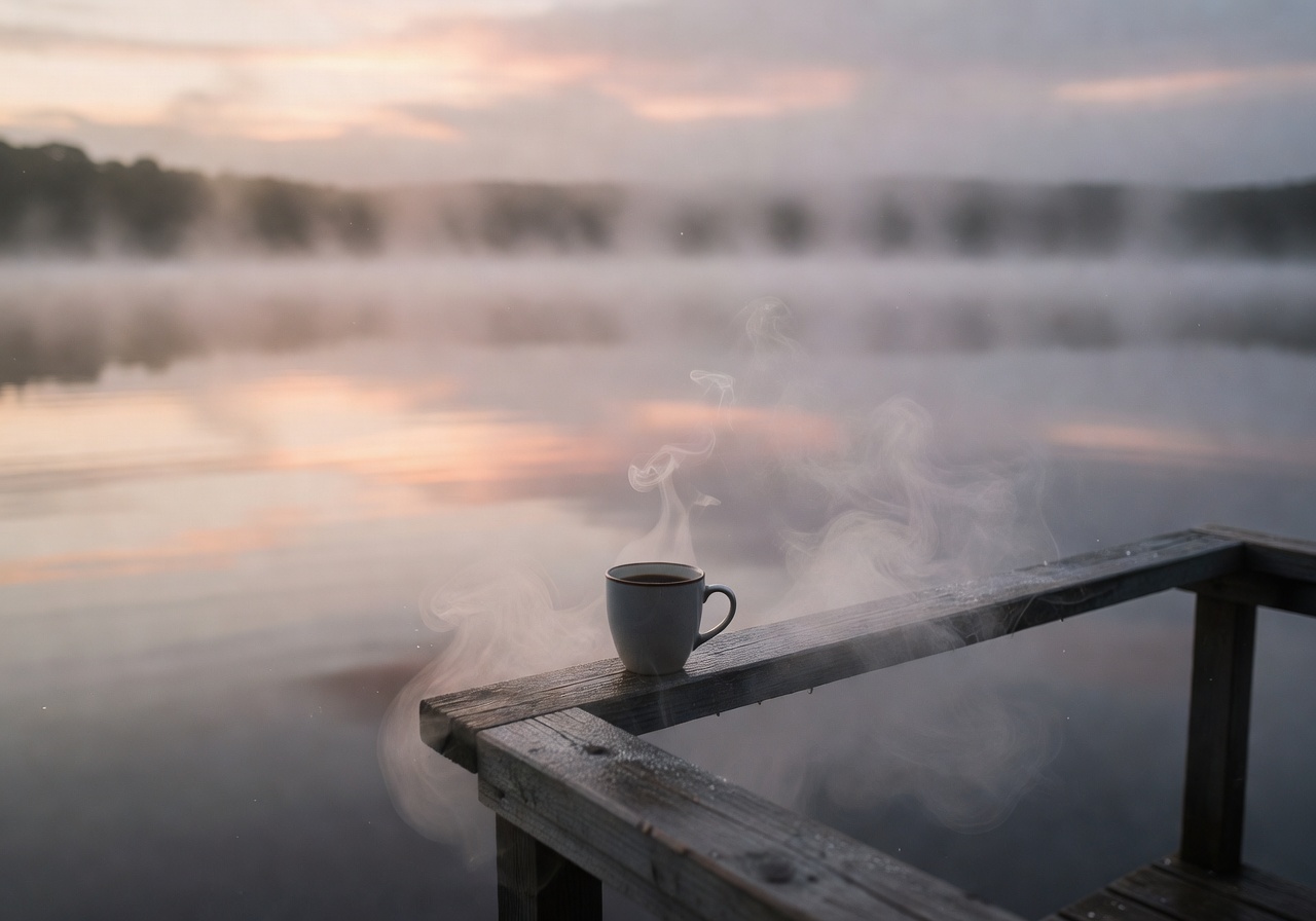 Early morning mist rising from a lake as a single cup of coffee steams on a wooden dock railing