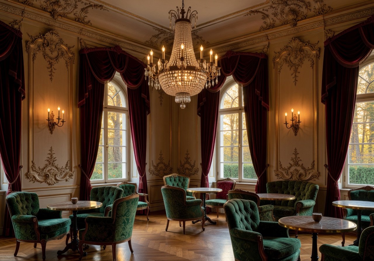 Elegant interior of Café im Schlosshotel Grunewald with ornate European decor and warm lighting