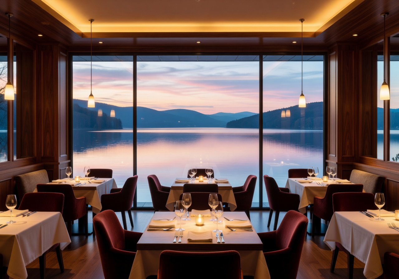 Elegant restaurant interior with warm wood tones, soft lighting, and floor-to-ceiling lake views
