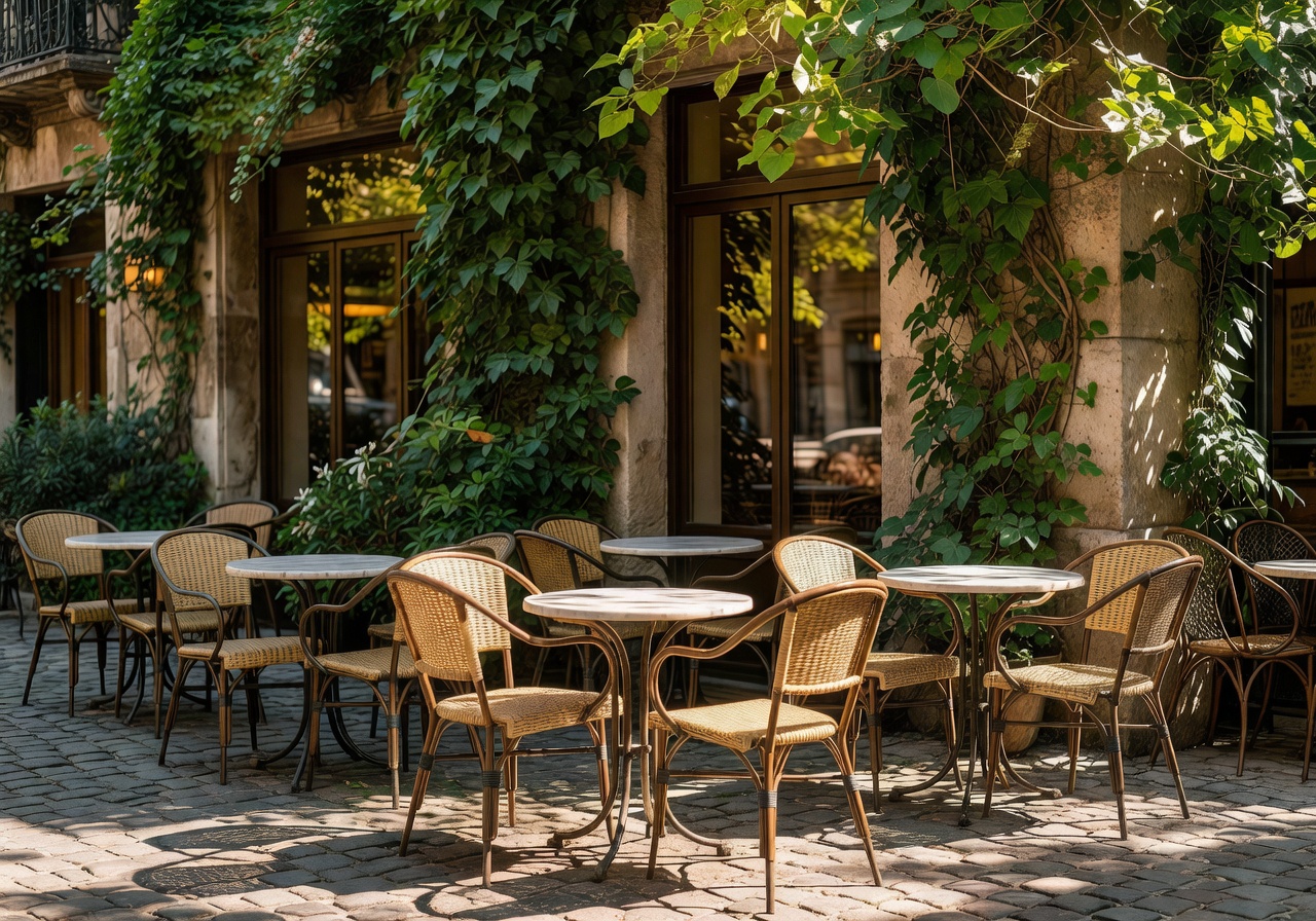 European café terrace with bistro chairs, climbing ivy, and dappled afternoon sunlight