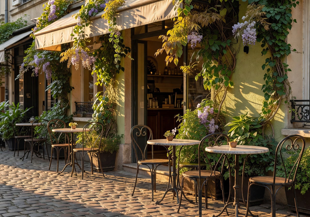 European café terrace with wrought iron bistro chairs and climbing plants in warm afternoon light