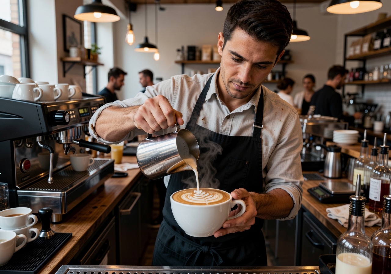 Barista pouring steamed milk into artisan coffee with precise latte art technique
