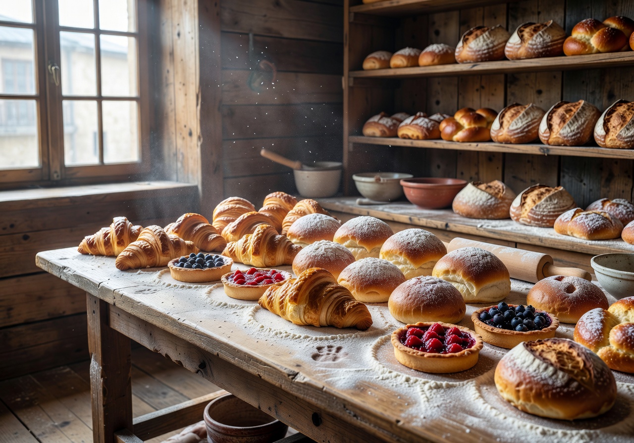 Fresh European pastries displayed in rustic bakery with natural light and flour dusted surfaces