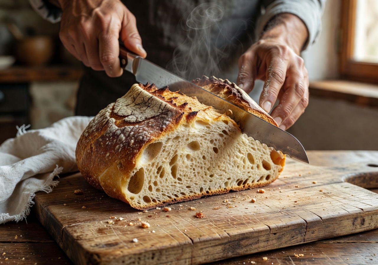 Freshly baked artisan bread with crisp golden crust being sliced on a rustic wooden board