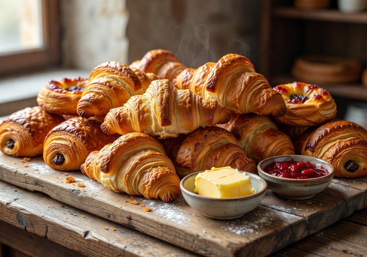 Freshly baked European pastries and croissants arranged on rustic wooden board with butter and jam