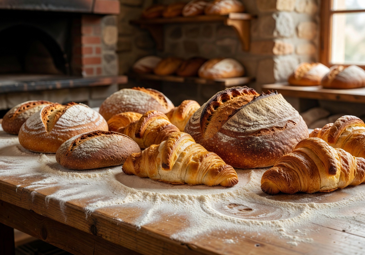Freshly baked golden croissants and artisan bread with flour dusted surface in a European bakery