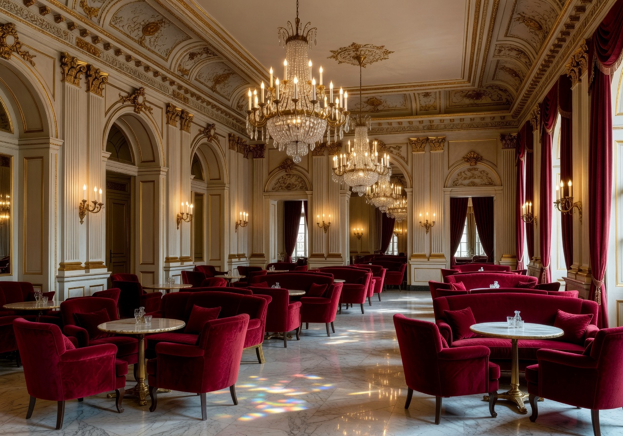 Grand interior of Schlosshotel Grunewald café with crystal chandeliers, velvet seating, and classical European architecture