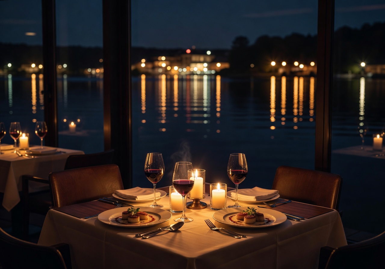 Intimate dinner setting at waterfront restaurant with soft candlelight and lake reflections at night