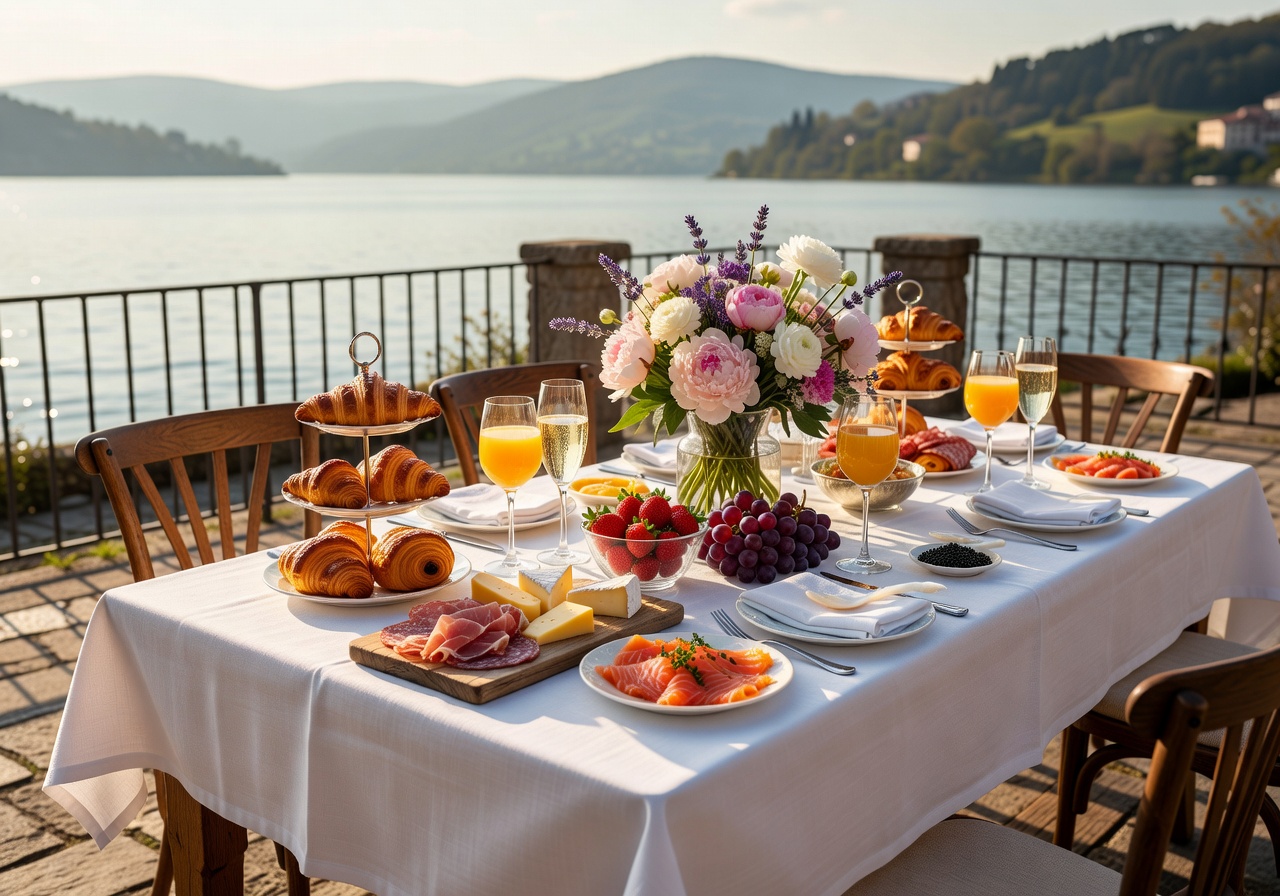 Lavish weekend brunch table with European specialties, fresh flowers, and natural sunlight on a lakeside terrace