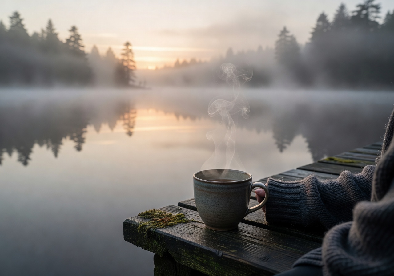 Morning coffee ritual by a misty German lake with steam rising from ceramic cup at dawn