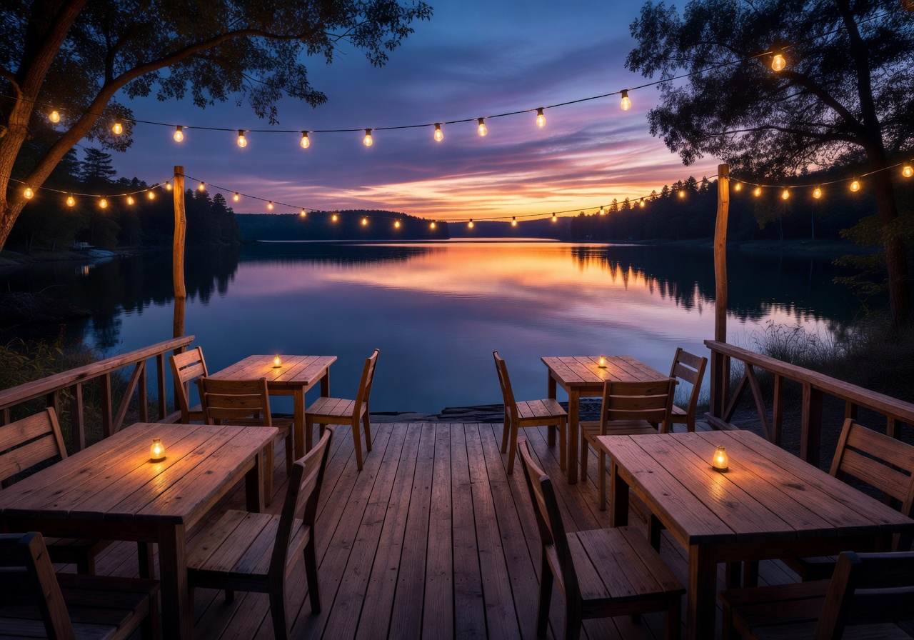 Outdoor café seating area with lake view, natural wood furniture, and string lights at dusk