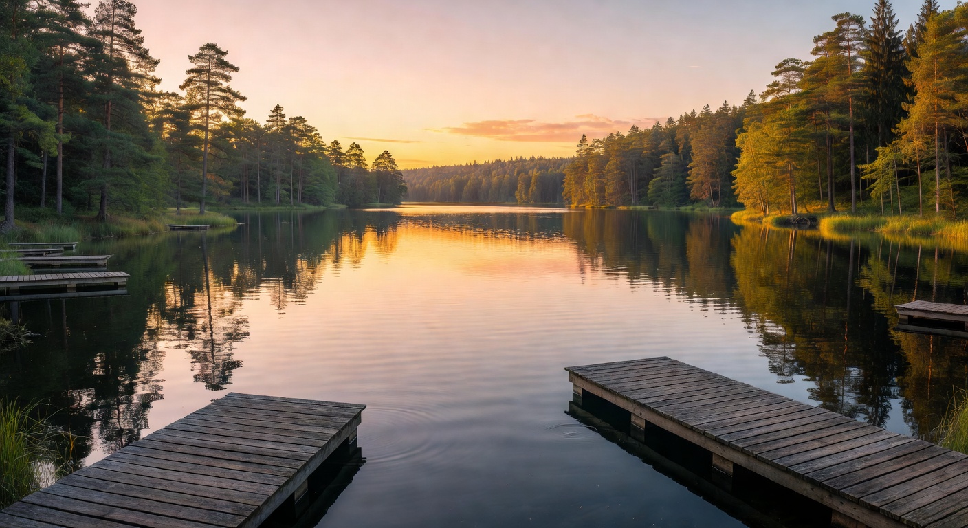 Panoramic view of a serene German lake at golden hour with wooden docks and surrounding forest