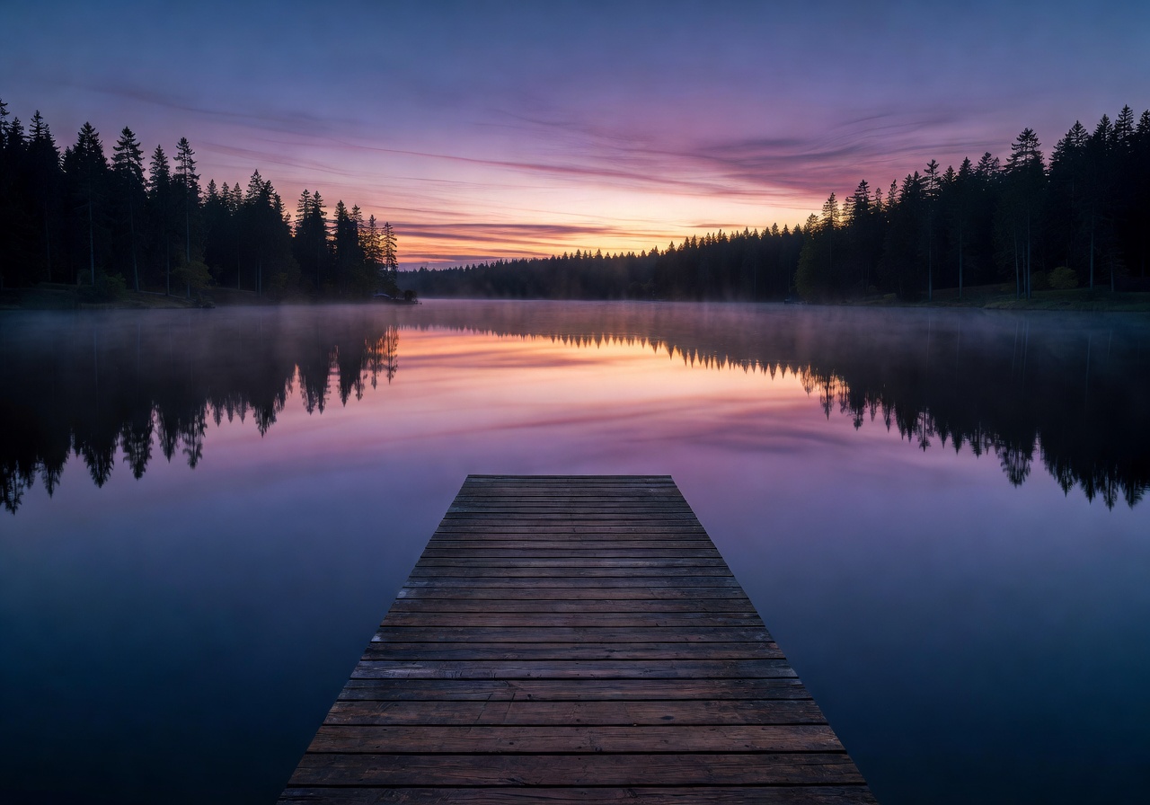Serene German lake at golden hour with wooden dock and reflections in still water