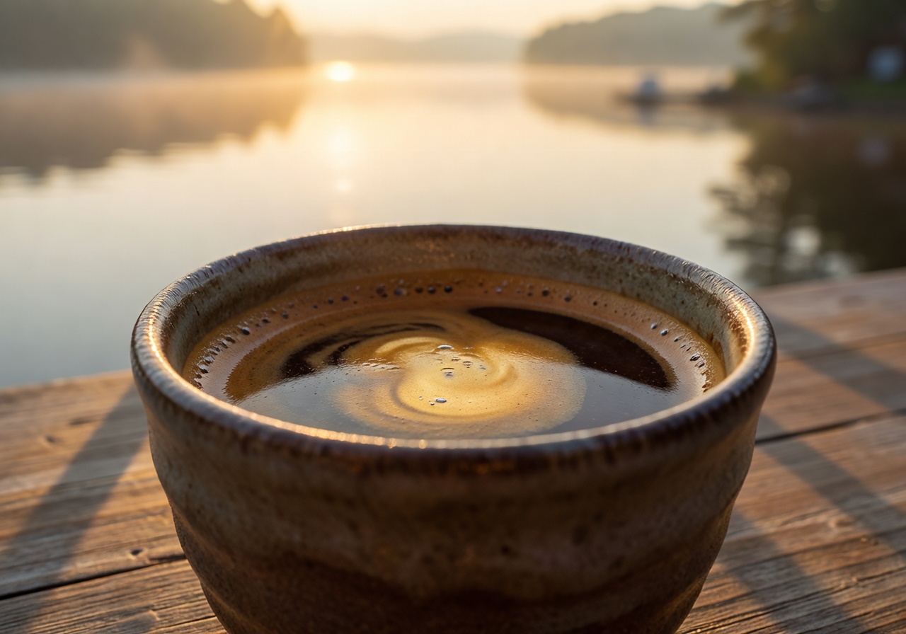 Rich espresso in handmade ceramic cup with golden lakeside morning light casting warm shadows