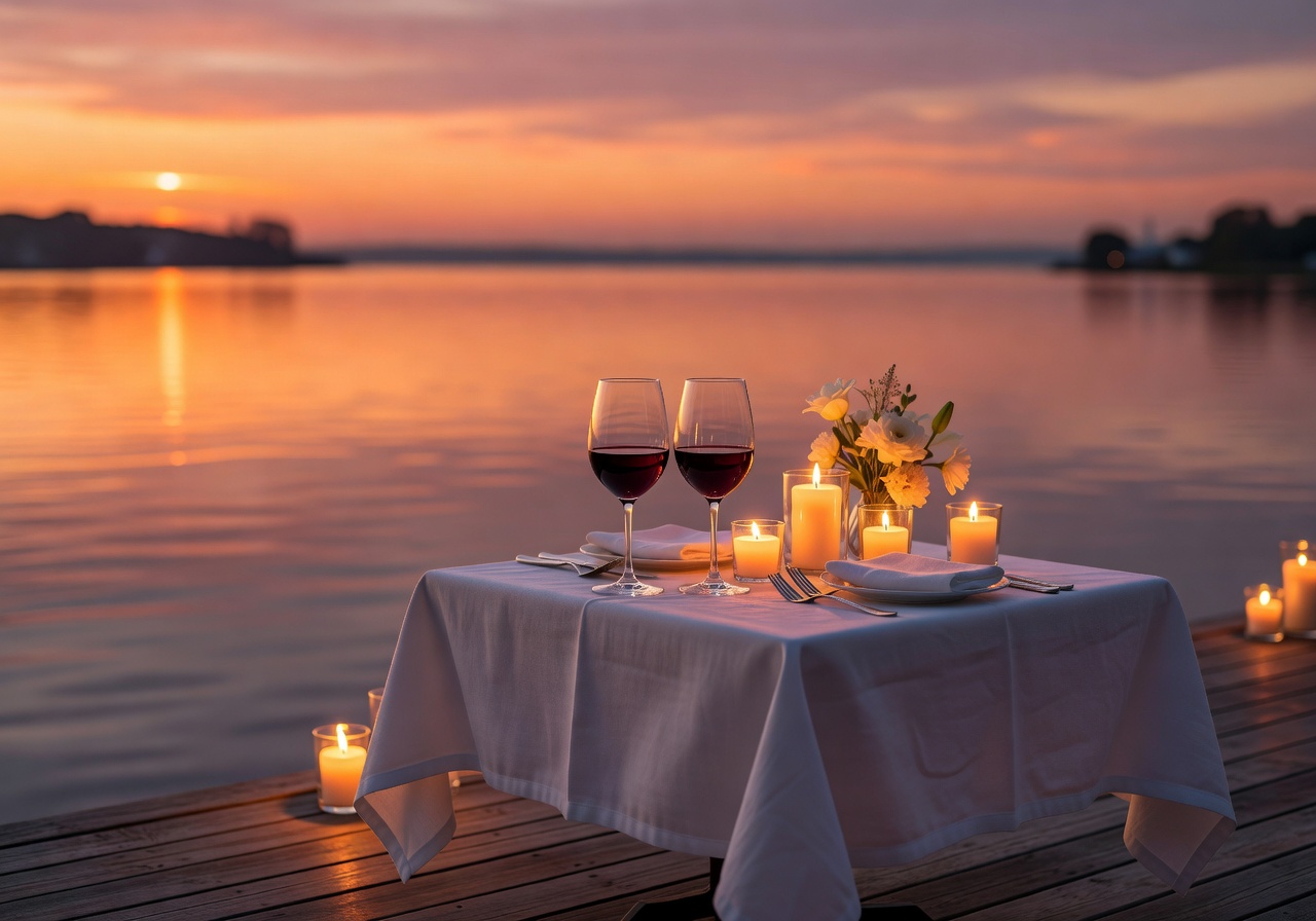Romantic sunset dining setup on a waterfront terrace with warm candles, wine glasses, and golden light