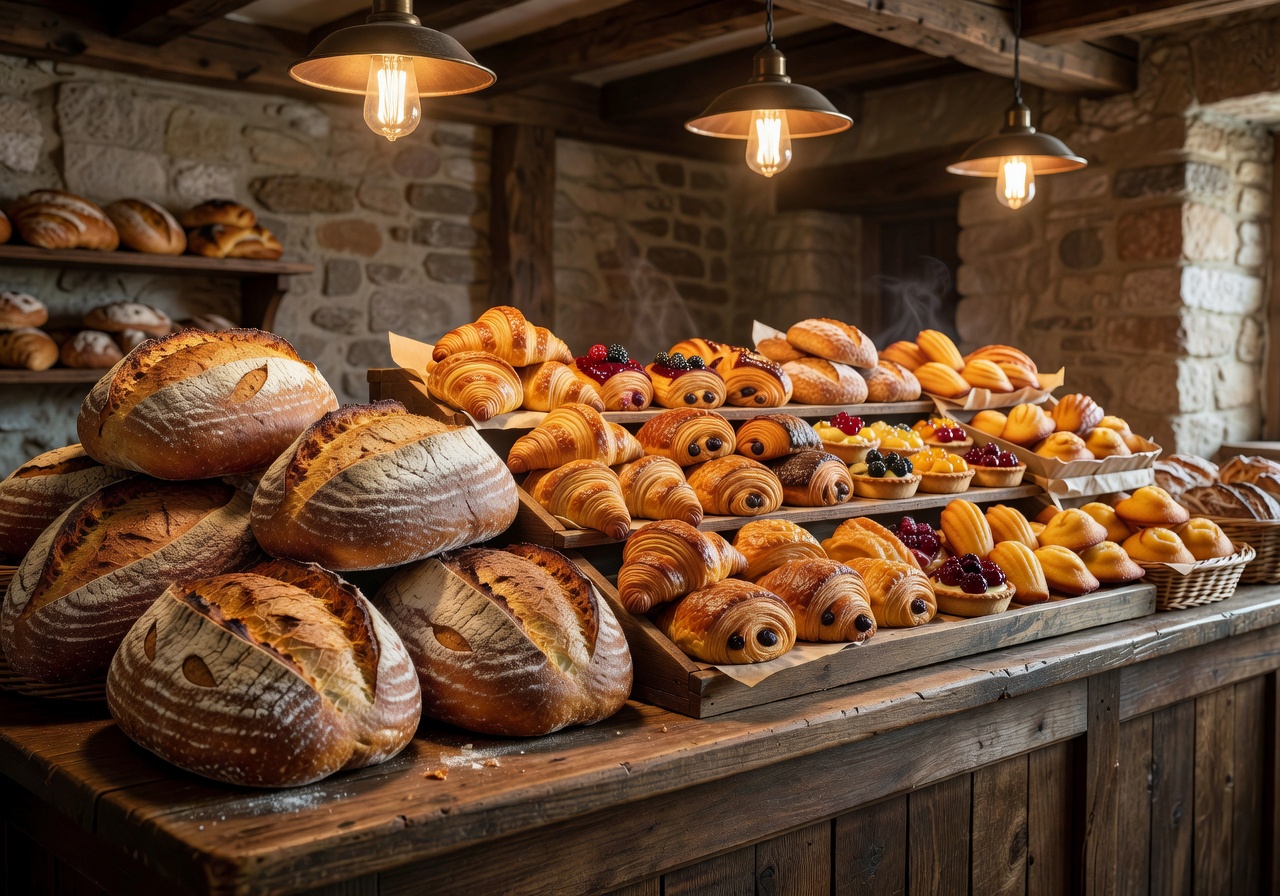 Rustic European bakery display with fresh sourdough loaves and pastries under warm light