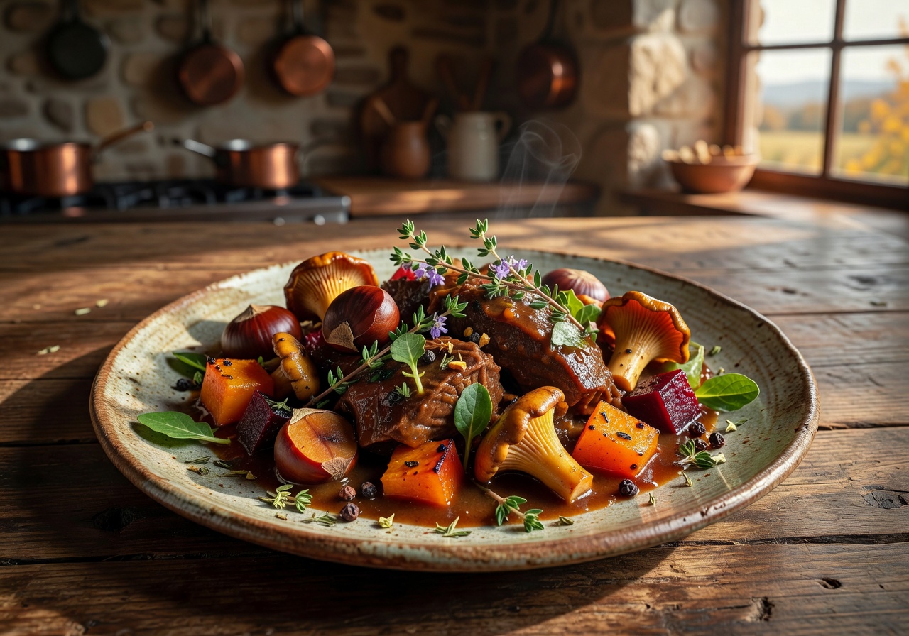 Seasonal European dish beautifully plated with foraged herbs and local ingredients representing autumn harvest