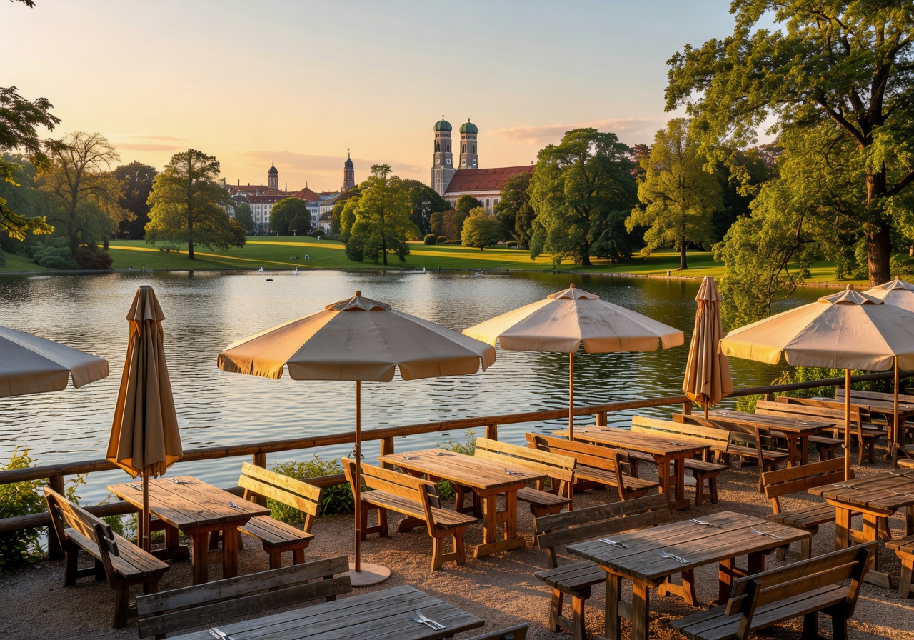 Seehaus im Englischen Garten outdoor seating area overlooking lake with Munich skyline and green parkland