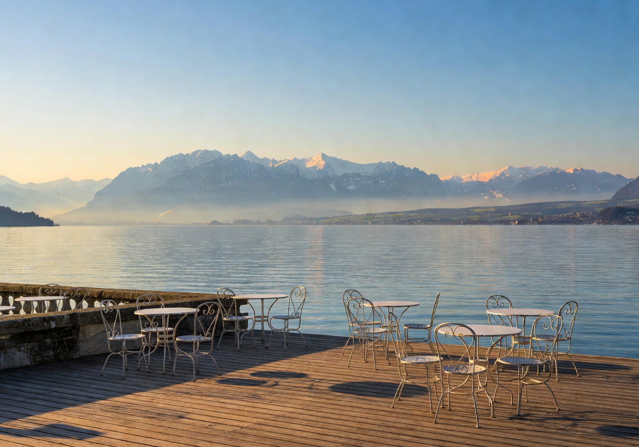 Strandcafé Mettnau panoramic terrace with sweeping views over Lake Constance and distant Swiss Alps