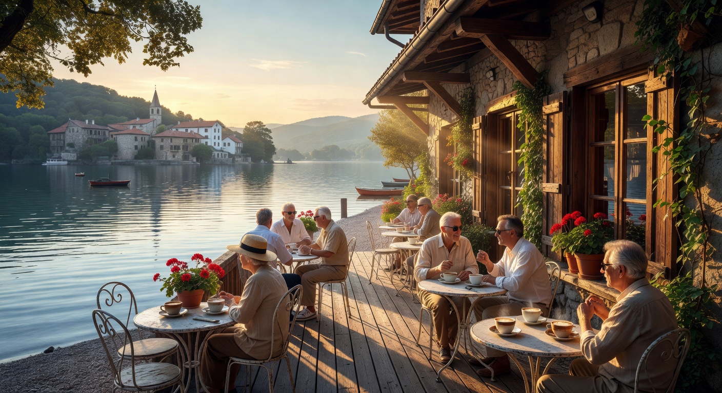 Sunlit European lakeside café with patrons enjoying coffee during golden hour by calm water