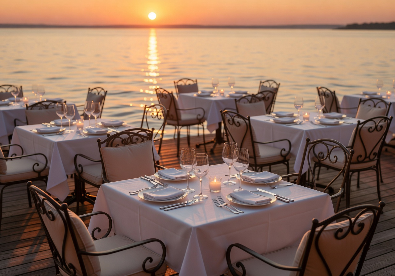 Sunset dining terrace at a waterfront café with warm golden light and elegant table settings