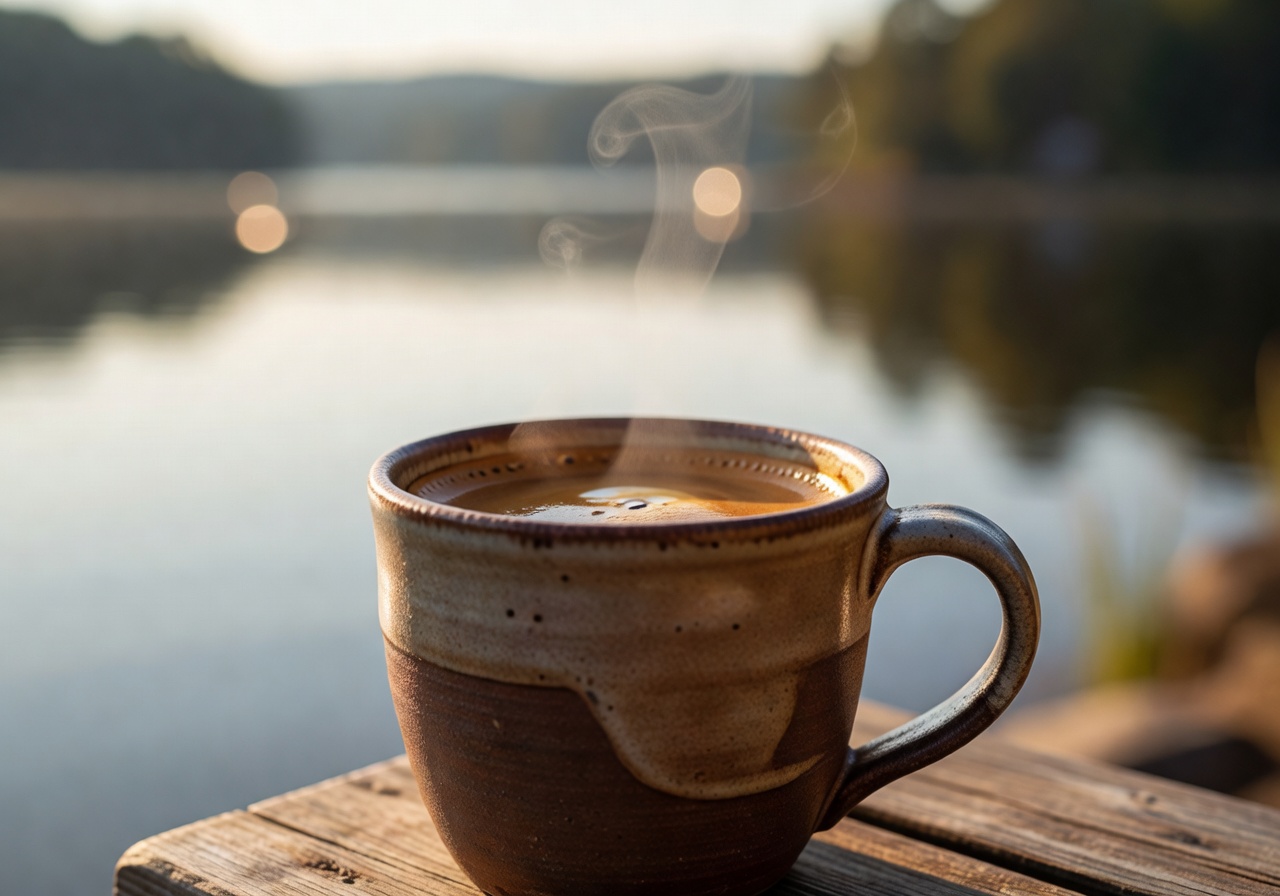 Warm espresso in a handcrafted ceramic mug with lakeside morning light and soft bokeh background