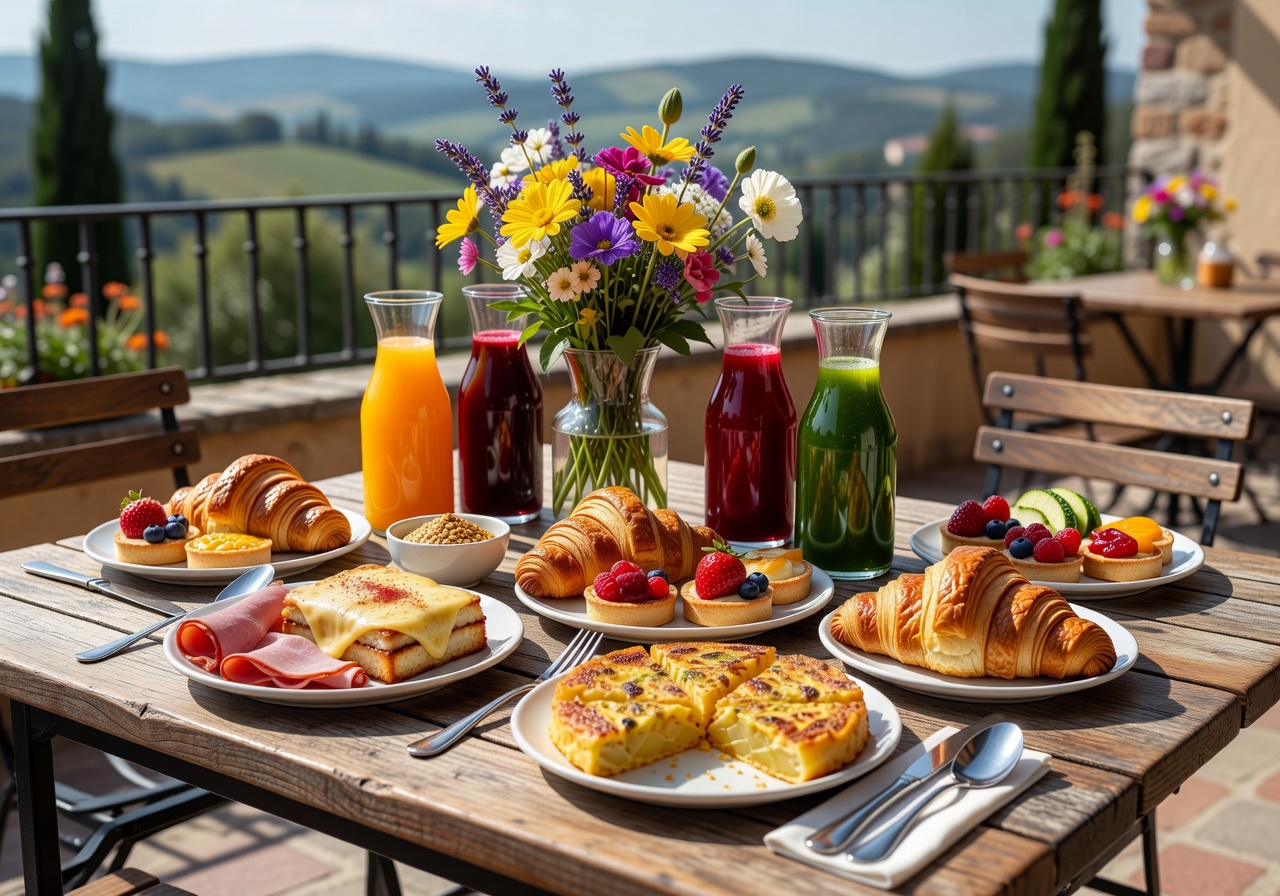 Weekend brunch spread with European dishes, fresh juice, pastries and flowers on a sunny terrace