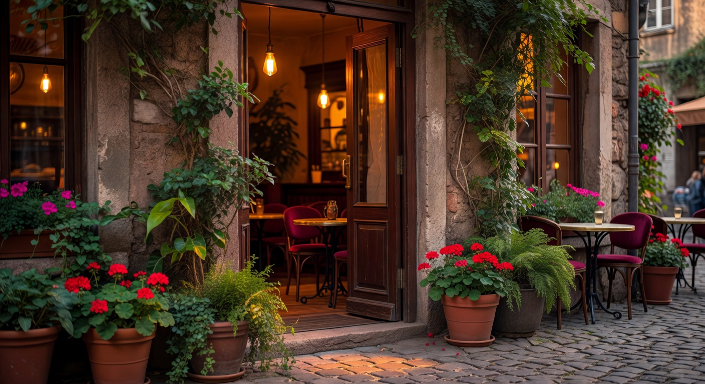 Welcoming European café entrance with warm lighting, plants, and an open door inviting guests