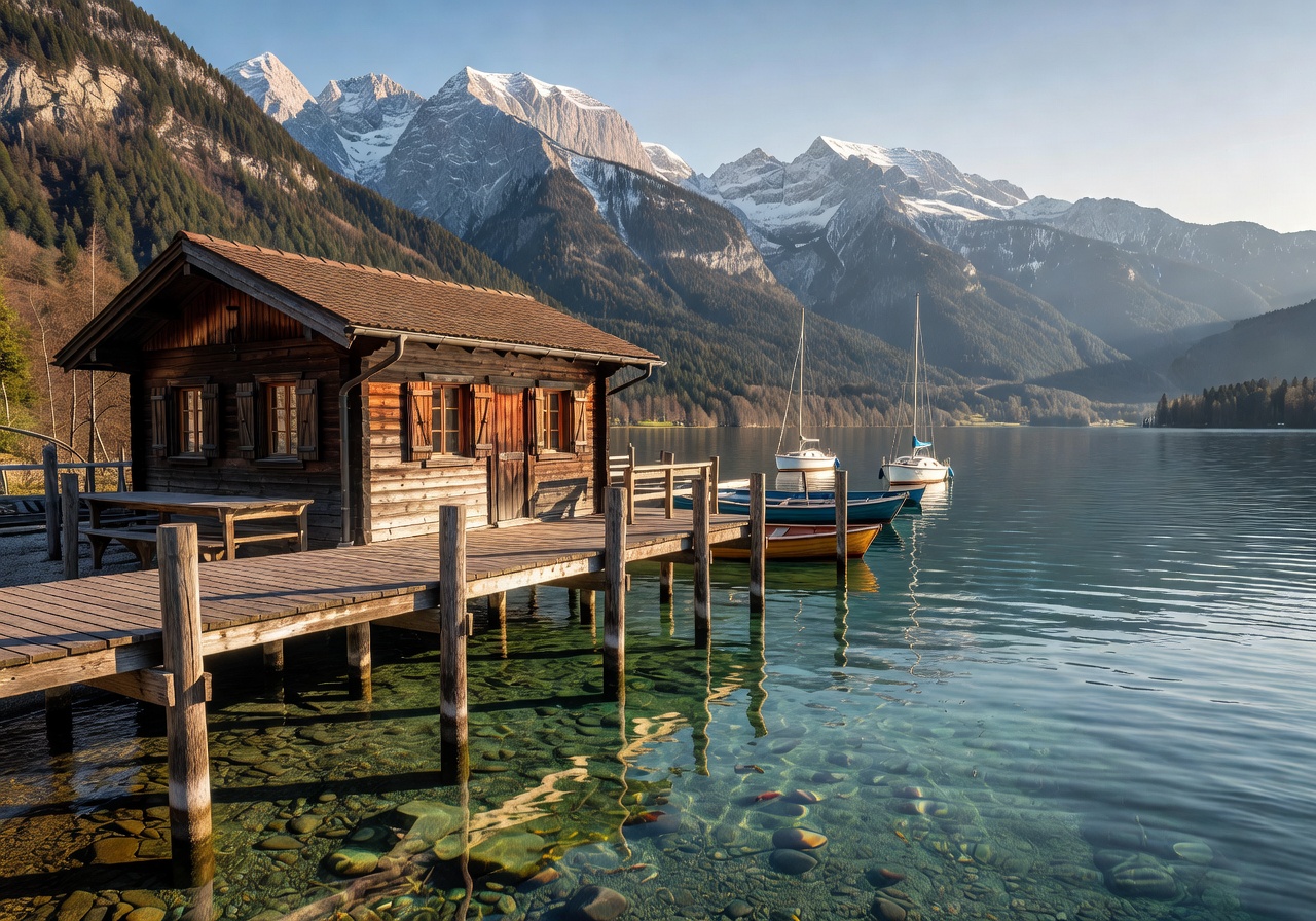 Wooden boathouse café on Tegernsee with alpine mountain backdrop and crystal clear Bavarian lake water